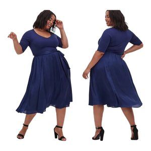 Torrid Navy Blue Knit to Woven Self Tie Fit & Flare Midi Dress Plus Size 1X NWT